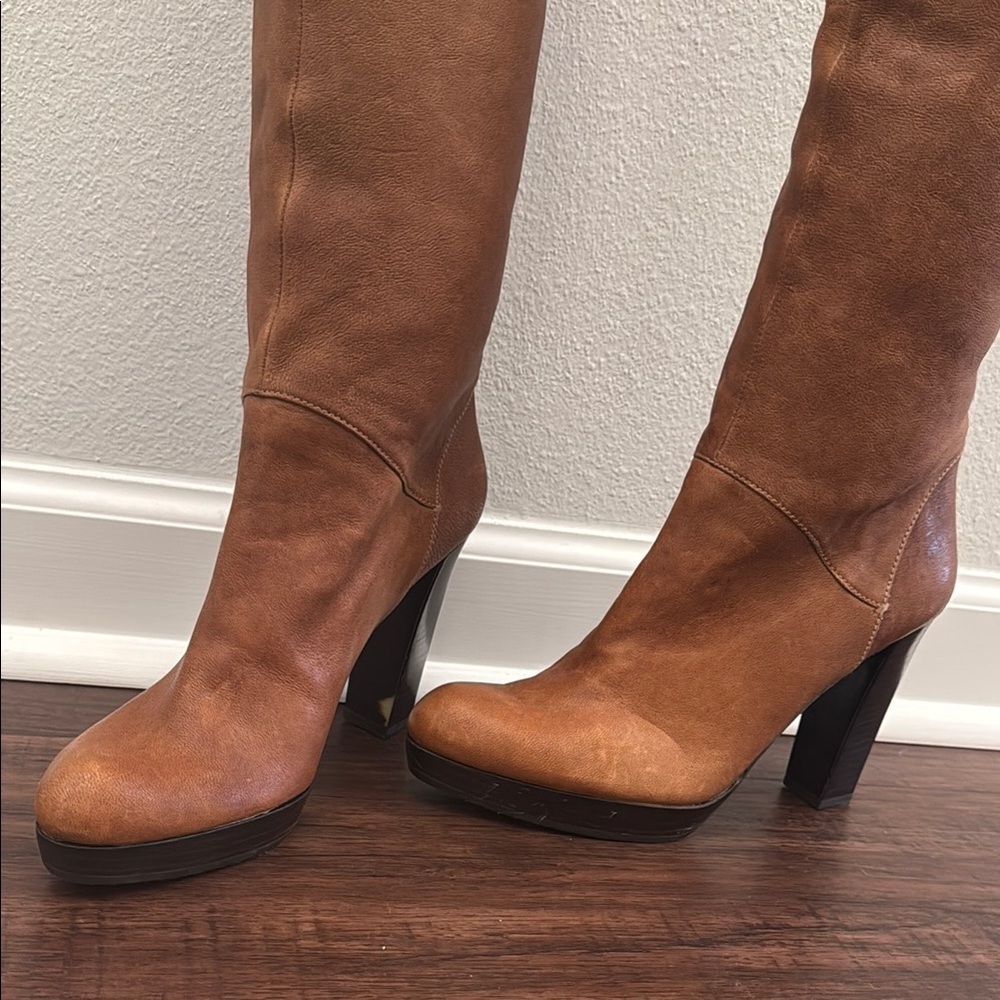 Stuart Weitzman Brown Leather Knee-High Heel Boots - Picture 3 of 13